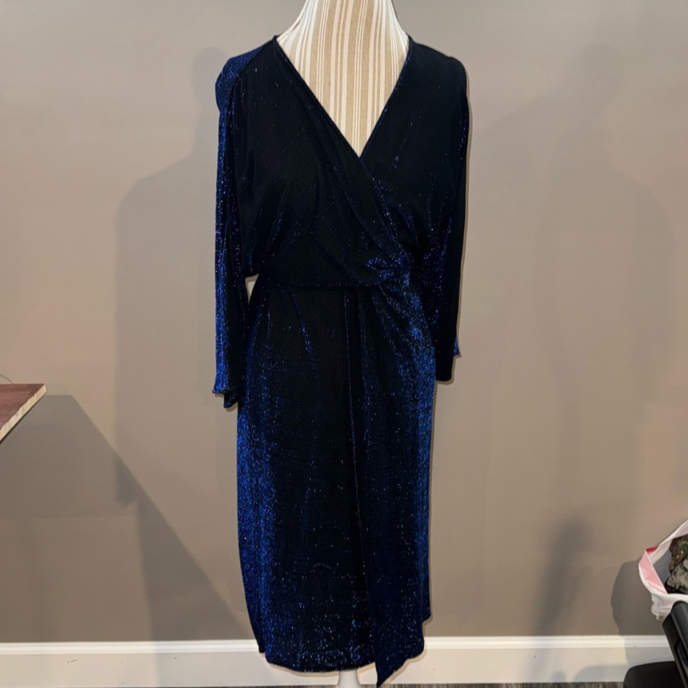 Zara Basics black & royal blue sparkle wrap dress in size S